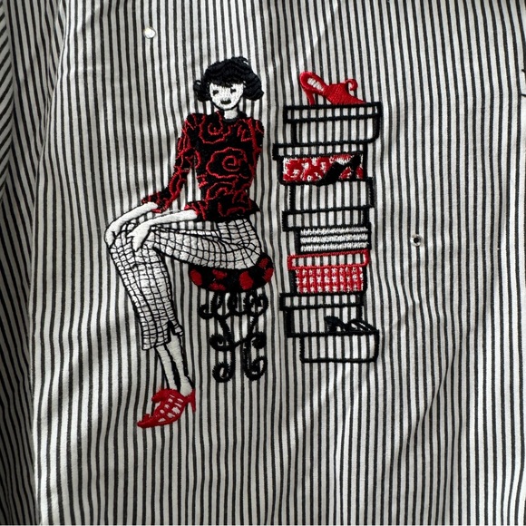 Allison Daley Women's Embroidered Black & White Striped Button-Up Shirt - Picture 2 of 10